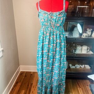 Natural Life Boho Floral Maxi Dress Blue Pink Print Smocked Waist Size M